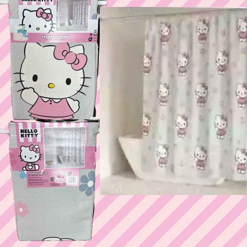 Hello Kitty Gray-Pink Waving Hello Kitty Graphic Cotton 72" X 72" Shower Curtain